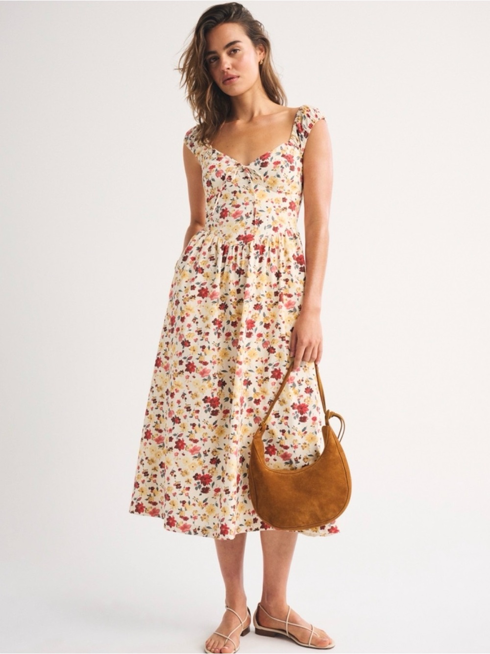 100% cotton bra-free cap sleeve dipped waist midi dress Abercrombie cream floral
